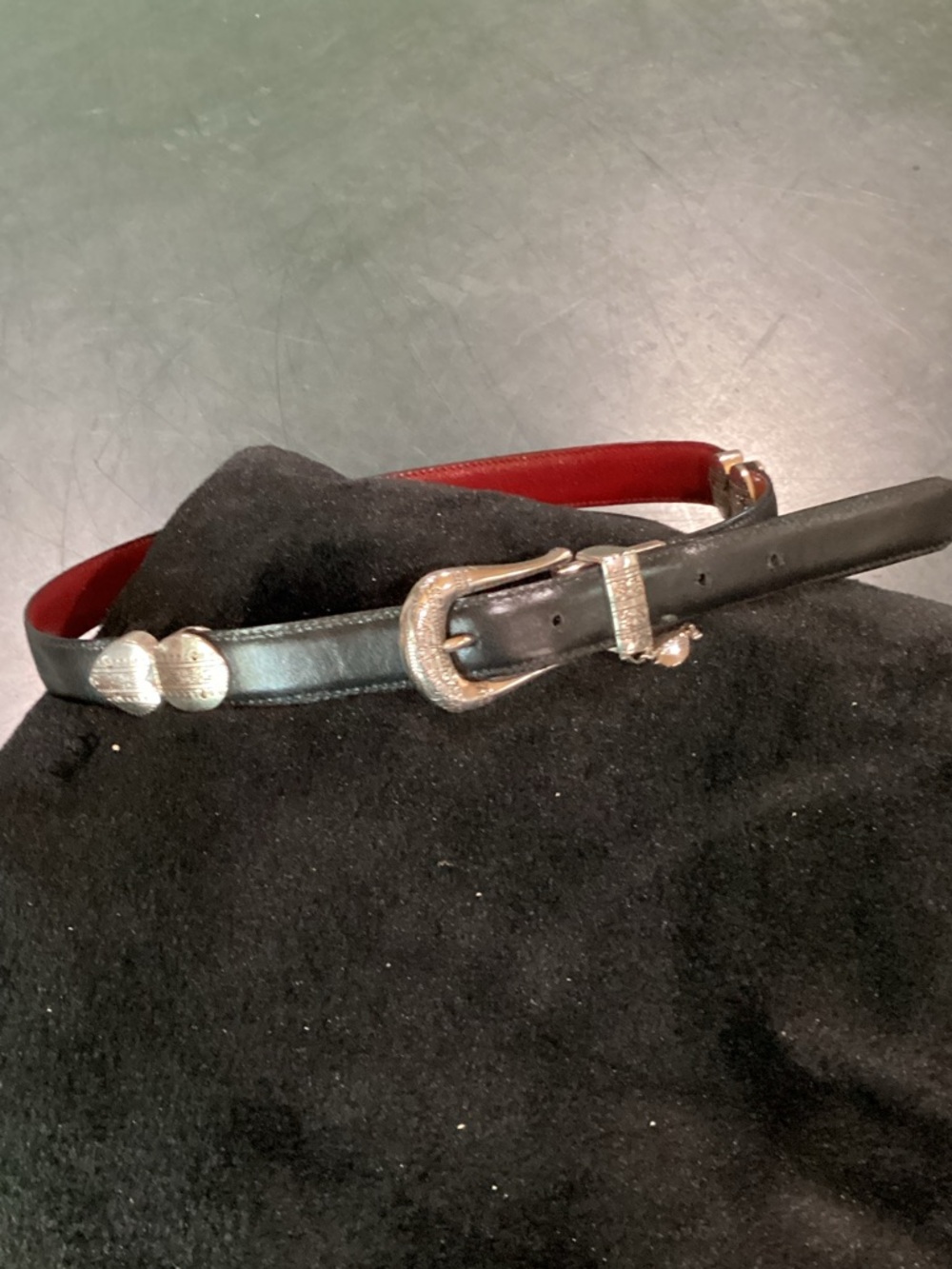 Brighton Black Leather Slim Belt with Red Lining and Silver Buckle